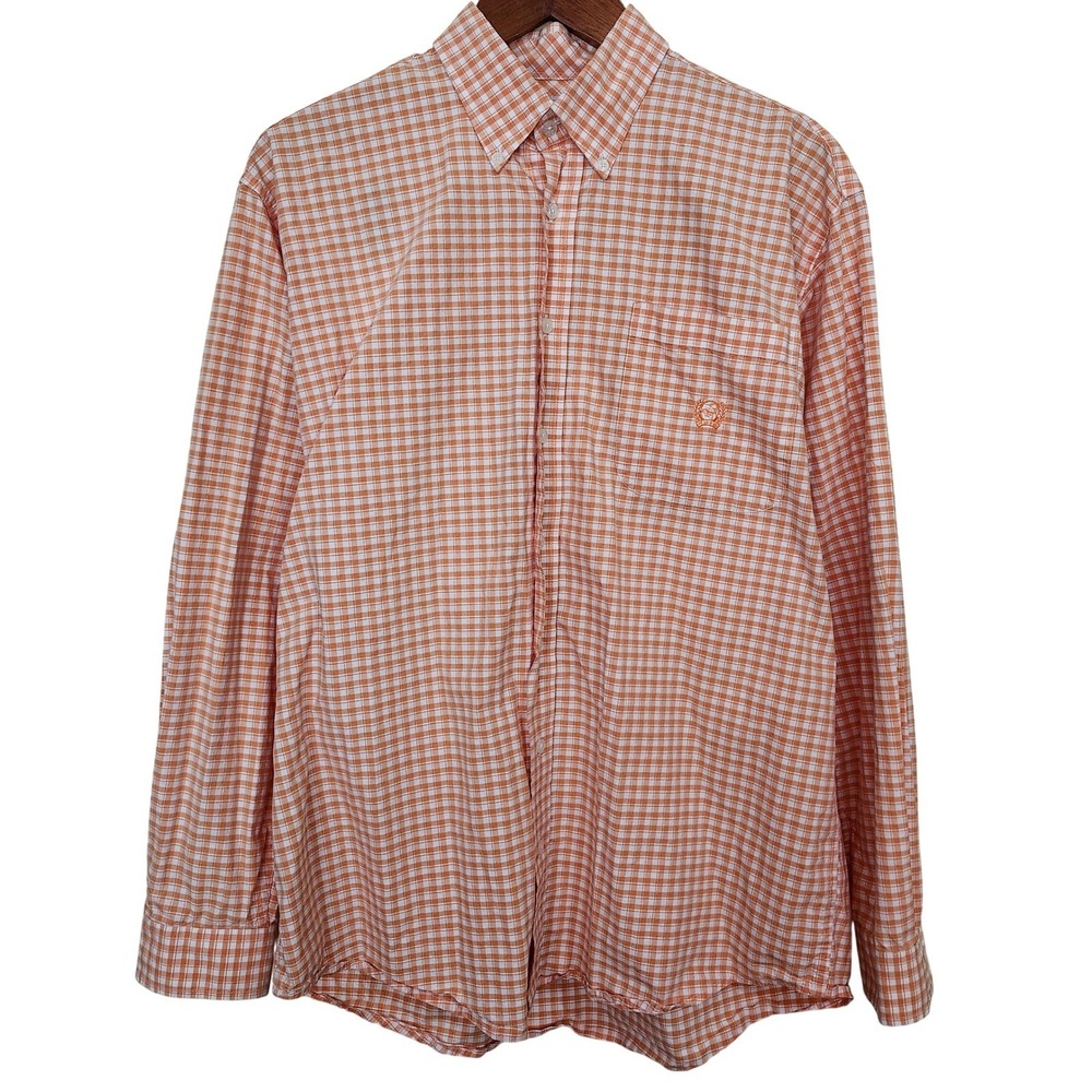 Cinch‎ Button Down Shirt Mens Medium Orange Check Gingham Long Sleeve Cotton